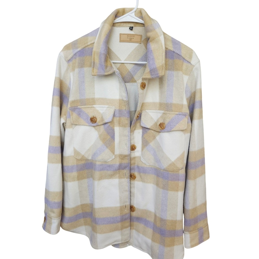 [BLANKNYC] Plaid‎ Trail Blazer Shacket Button Front Cream Beige Purple Medium - Picture 10 of 10